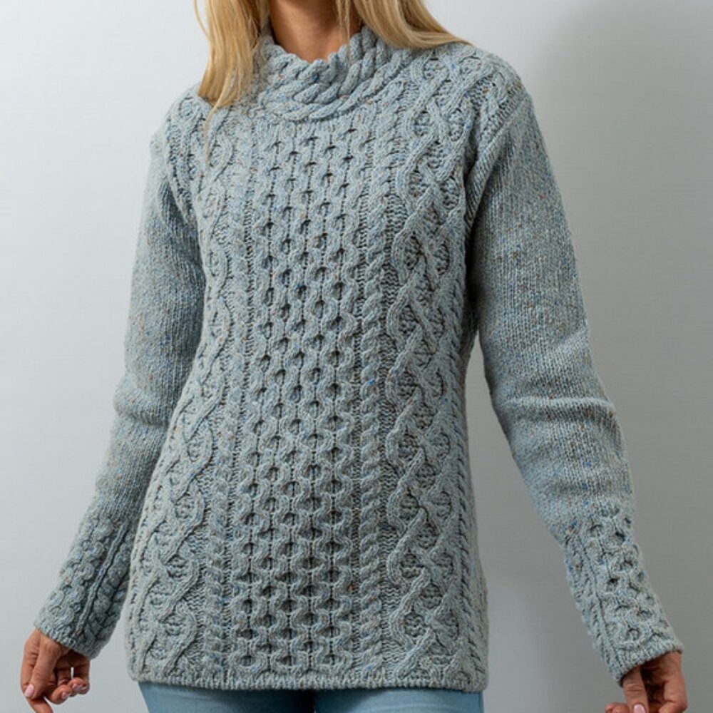 Irelandseye Size XL‎ Wool Cashmere Cable Knit Mock Turtleneck Sweater in Blue